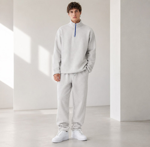 Custom Light Gray Quarter-Zip Fleece Tracksuit Set Minimalist