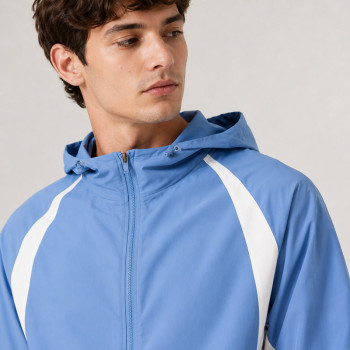 Custom Blue Color Block Nylon Hooded Tracksuit Set
