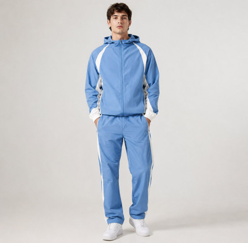 Custom Blue Color Block Nylon Hooded Tracksuit Set