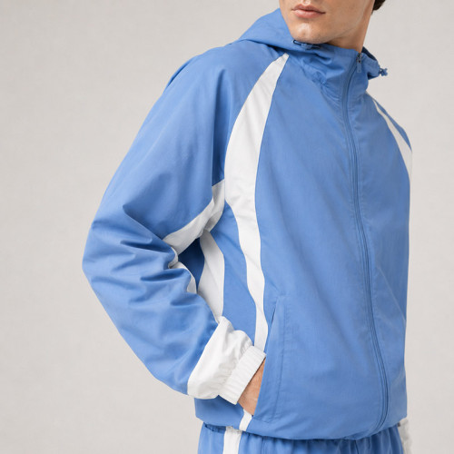 Custom Blue Color Block Nylon Hooded Tracksuit Set