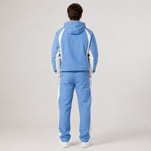 Custom Blue Color Block Nylon Hooded Tracksuit Set
