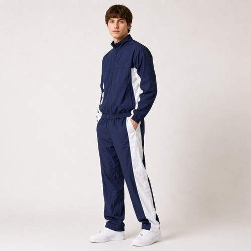 Custom Navy Color Block Stand Collar Tracksuit Set Nylon