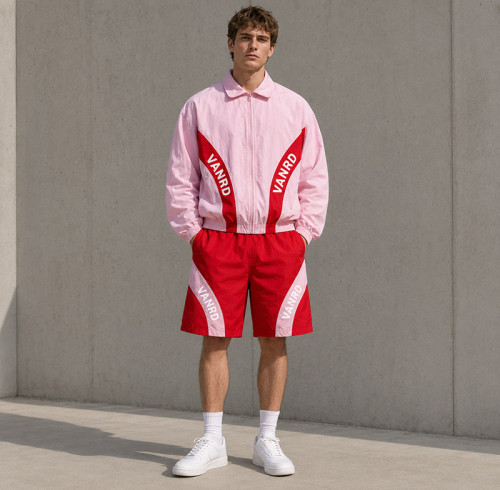 Custom Pink Red Color Block Polo Tracksuit Shorts Set