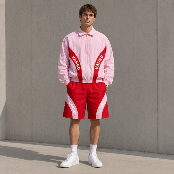 Custom Pink Red Color Block Polo Tracksuit Shorts Set