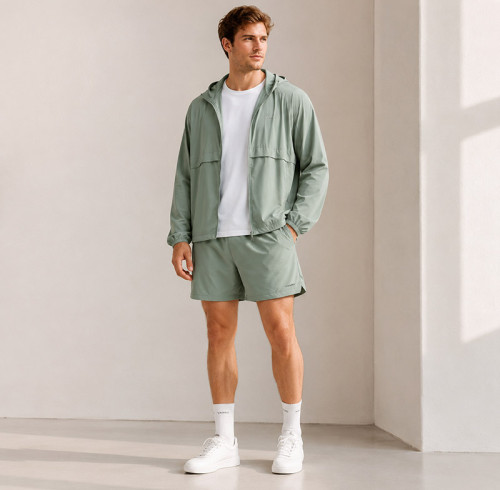 Custom Sage Green Nylon Hooded Tracksuit Set with Shorts