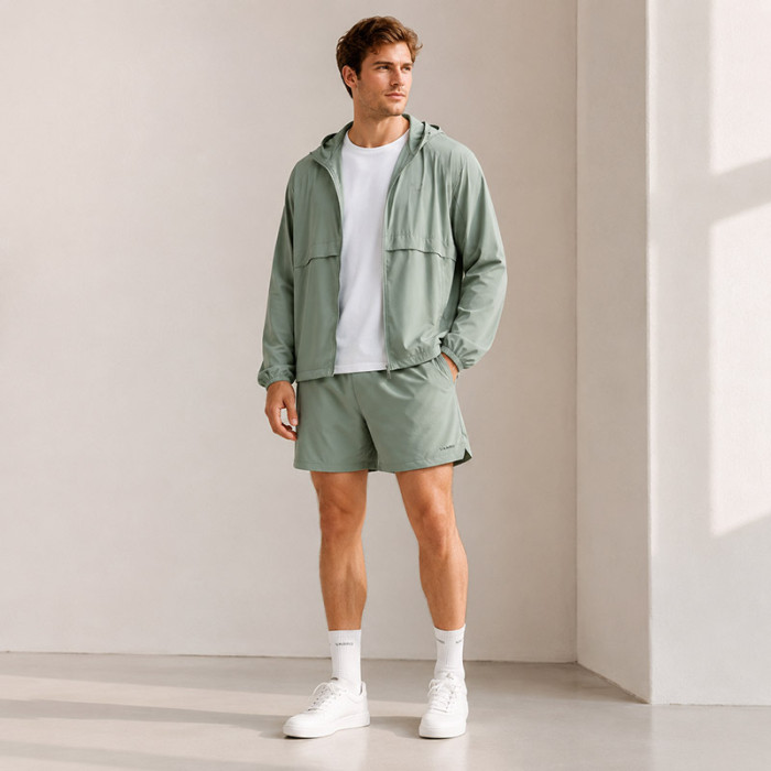 Custom Sage Green Nylon Hooded Tracksuit Set with Shorts