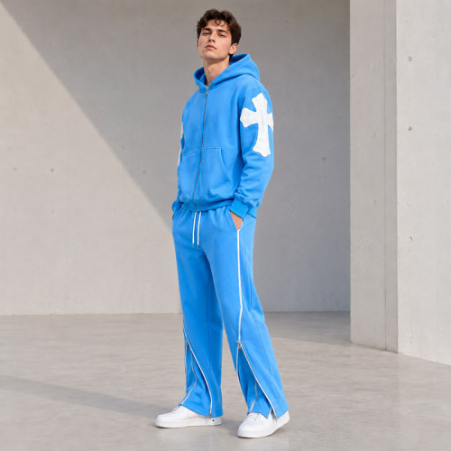 Custom Blue Fleece Tracksuit Set Cross Patch Side Zipper