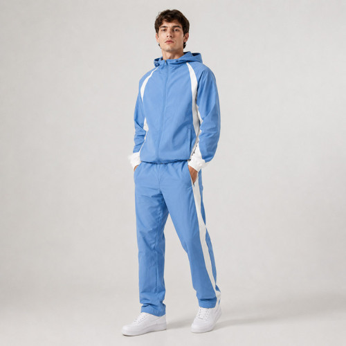 Custom Blue Color Block Nylon Hooded Tracksuit Set