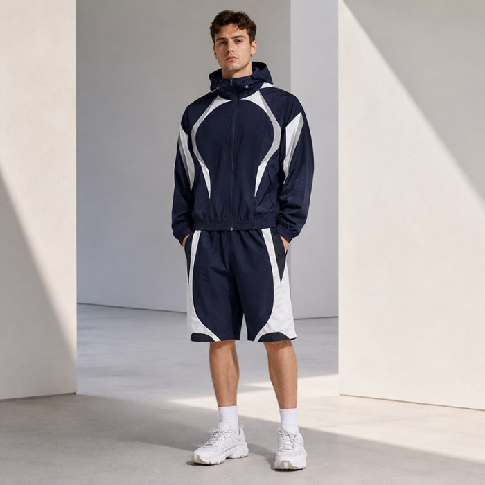 Custom Navy Color Block Hooded Tracksuit Shorts Set