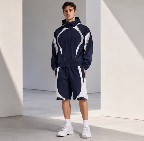 Custom Navy Color Block Hooded Tracksuit Shorts Set