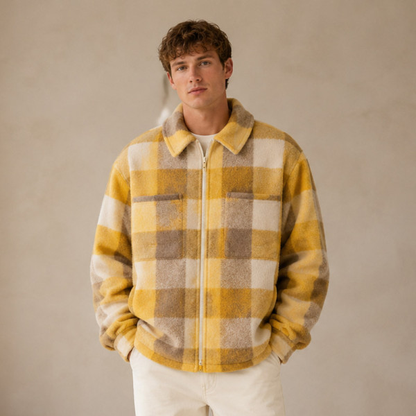 Custom Plaid Fleece Jacket OEM Yellow Check Zip-Up Sherpa