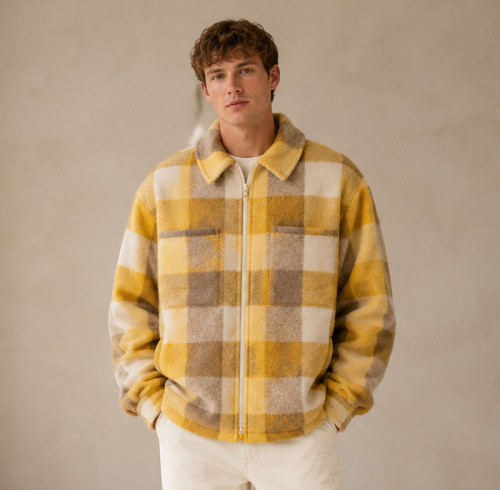 Custom Plaid Fleece Jacket OEM Yellow Check Zip-Up Sherpa