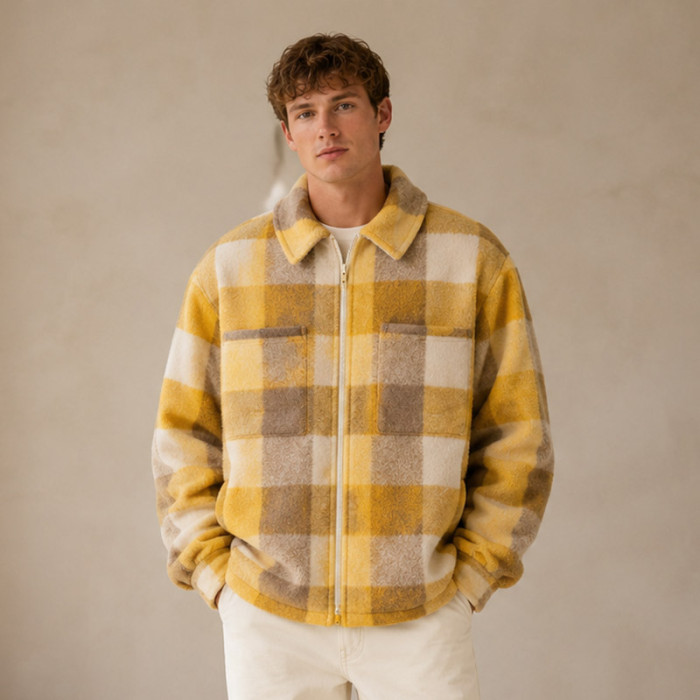 Custom Plaid Fleece Jacket OEM Yellow Check Zip-Up Sherpa