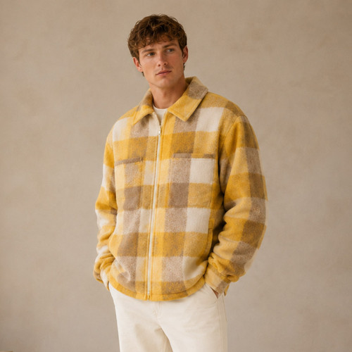 Custom Plaid Fleece Jacket OEM Yellow Check Zip-Up Sherpa