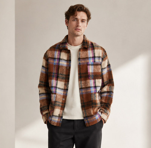 Custom Multi Plaid Fleece Jacket OEM Brown Sherpa Button-Up