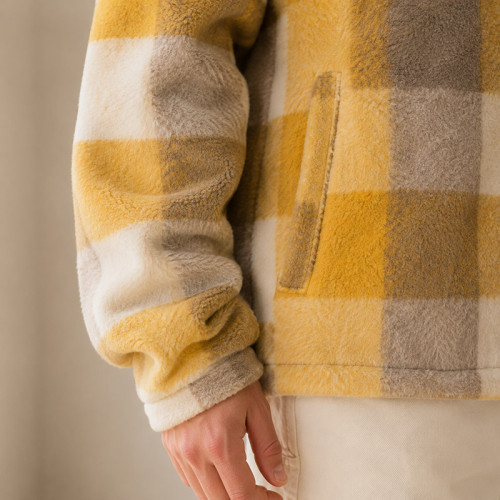 Custom Plaid Fleece Jacket OEM Yellow Check Zip-Up Sherpa