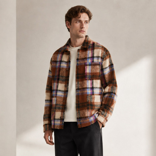 Custom Multi Plaid Fleece Jacket OEM Brown Sherpa Button-Up