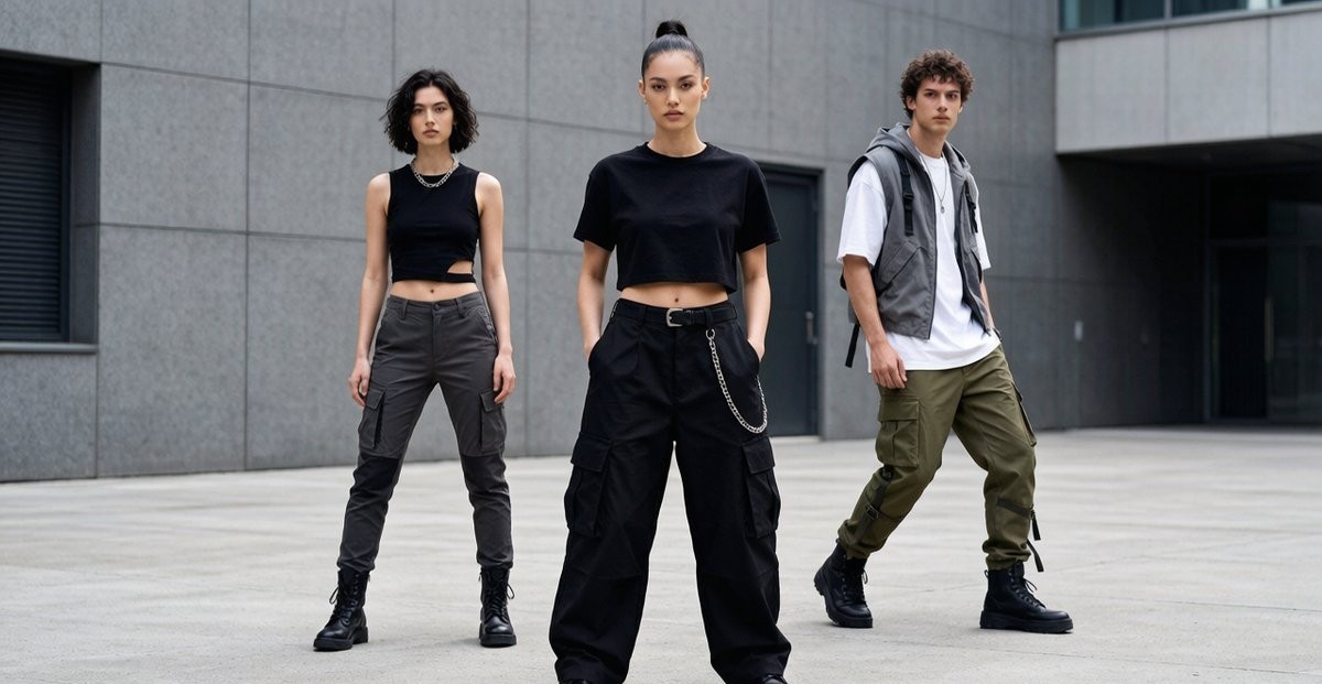 Three cargo pants style variations for streetwear - baggy, slim, and utility
