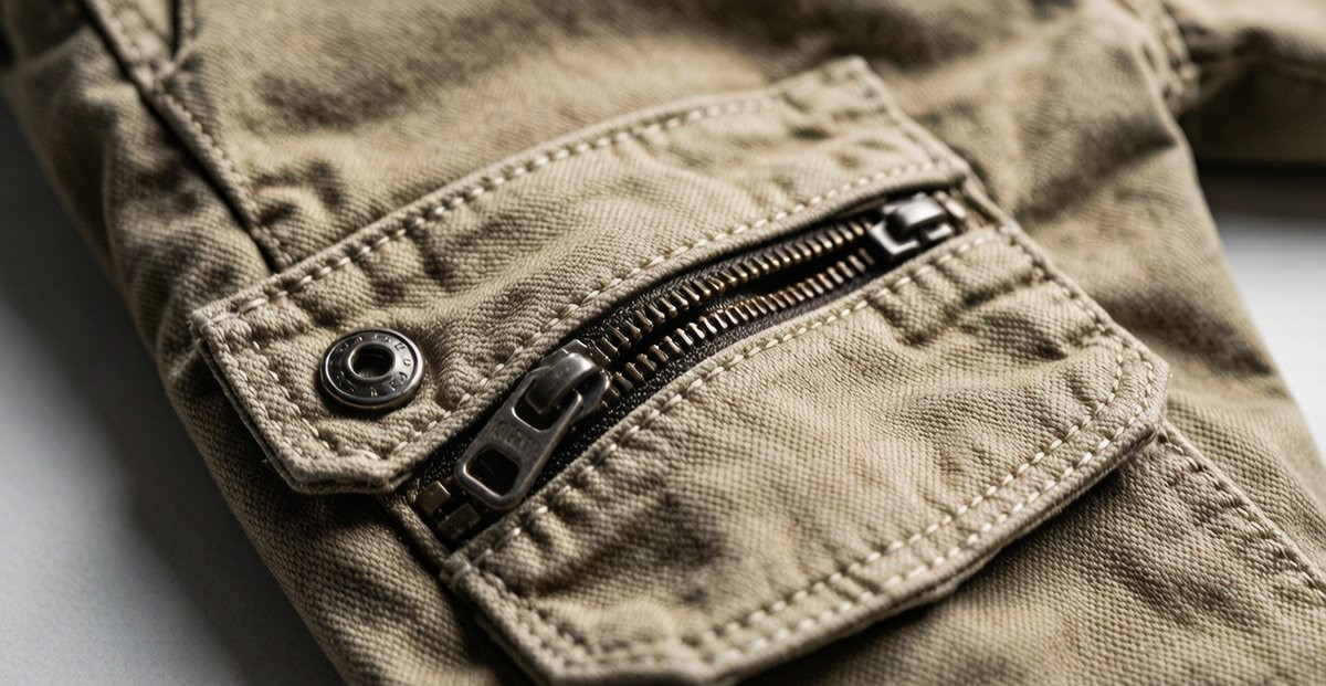 Detailed cargo pants pocket engineering showing reinforced stitching and zipper closure