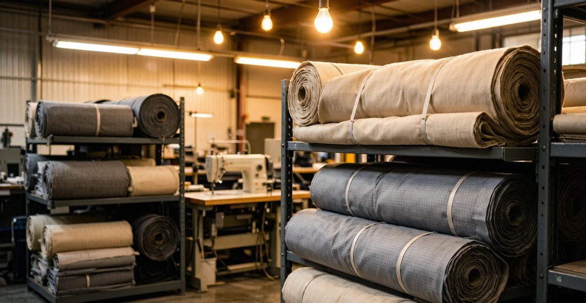 Professional garment manufacturing facility with fabric rolls and sewing workshop