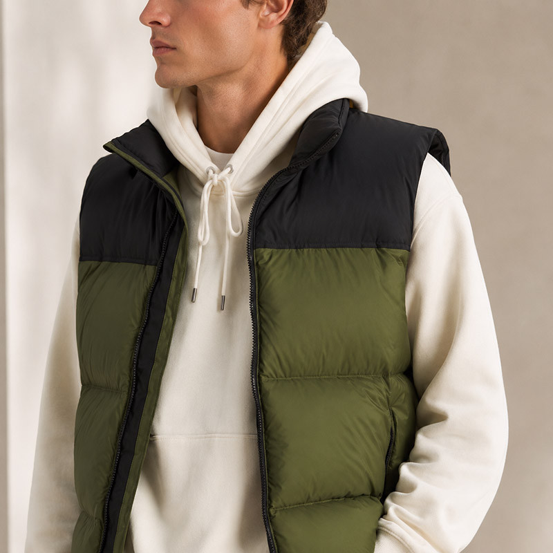 green black colorblock puffer vest model display