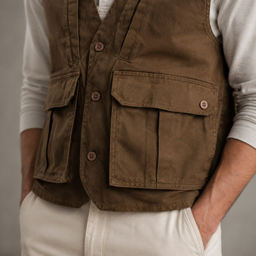 Custom Safari Vest OEM Olive Brown Button-Front Cargo