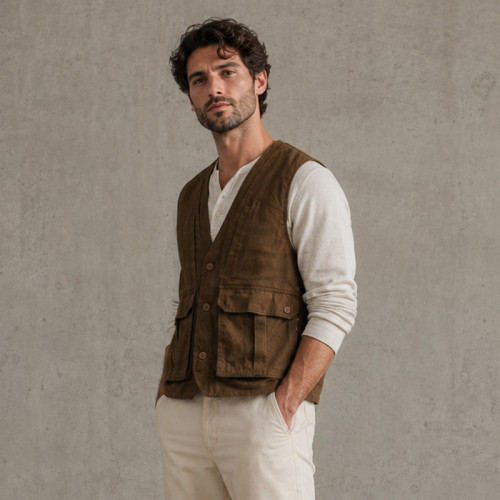 Custom Safari Vest OEM Olive Brown Button-Front Cargo