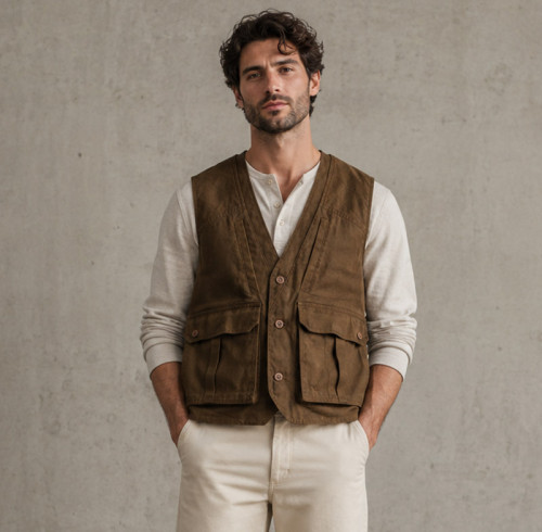 Custom Safari Vest OEM Olive Brown Button-Front Cargo