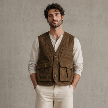Custom Safari Vest OEM Olive Brown Button-Front Cargo