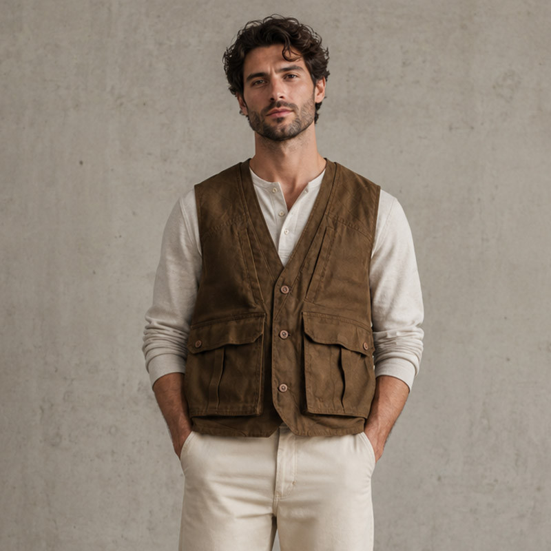 olive brown safari button cargo vest