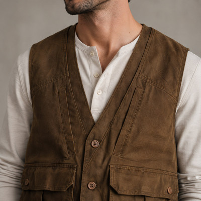 Custom Safari Vest OEM Olive Brown Button-Front Cargo