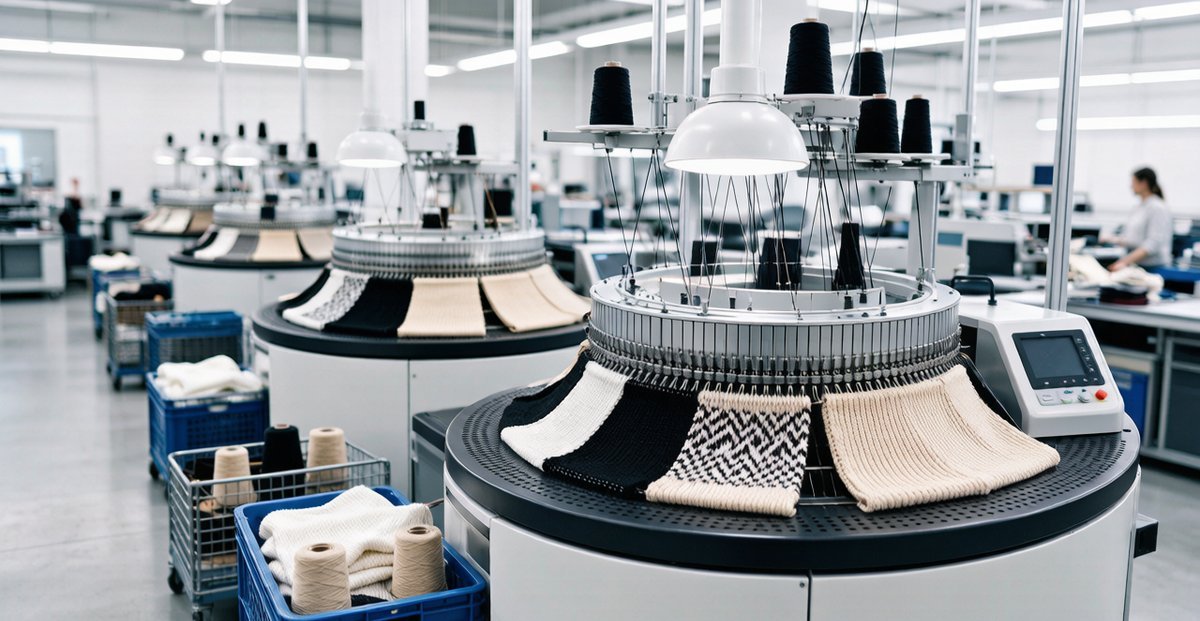 Computerized flatbed knitting machine at VANRD sweater production facility