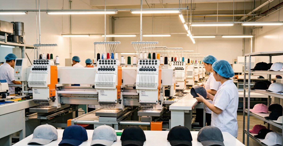 Professional hat manufacturing facility with embroidery machines