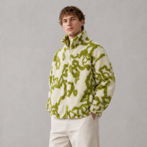 Custom Sherpa Jacket OEM Green Abstract Pattern Zip-Up