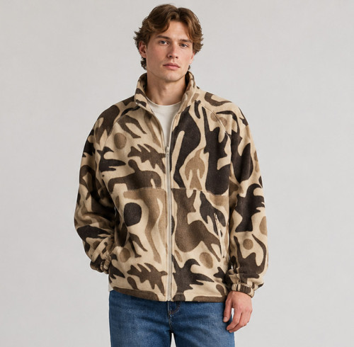 Custom Sherpa Jacket OEM Beige Brown Camo Abstract Zip-Up