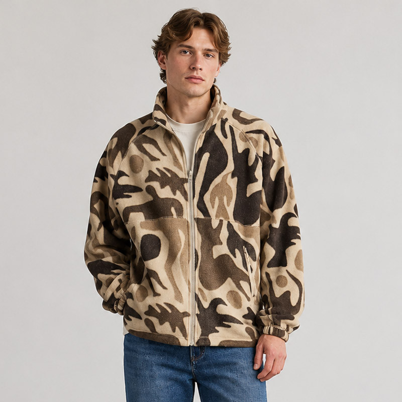 beige brown camo abstract sherpa fleece jacket model