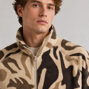 Custom Sherpa Jacket OEM Beige Brown Camo Abstract Zip-Up