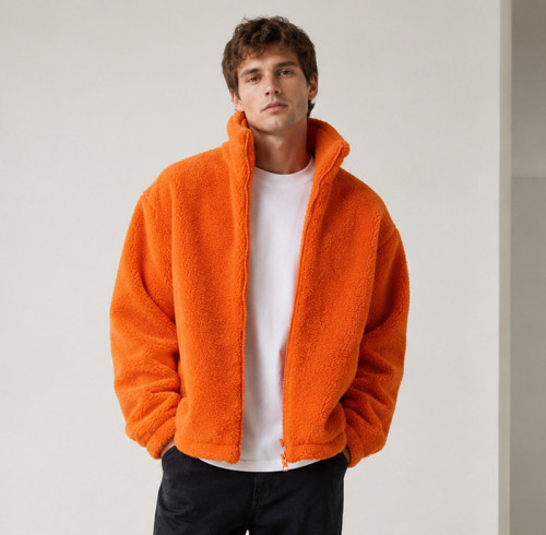 Custom Sherpa Jacket OEM Solid Orange Zip-Up Stand Collar