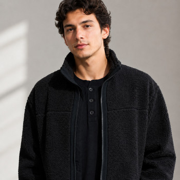 Custom Sherpa Jacket OEM Solid Black Zip-Up Minimalist