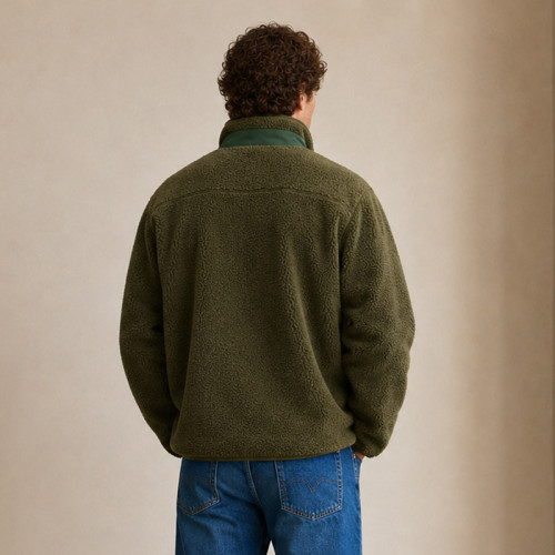 Custom Sherpa Jacket OEM Olive Green Nylon Pocket Zip-Up