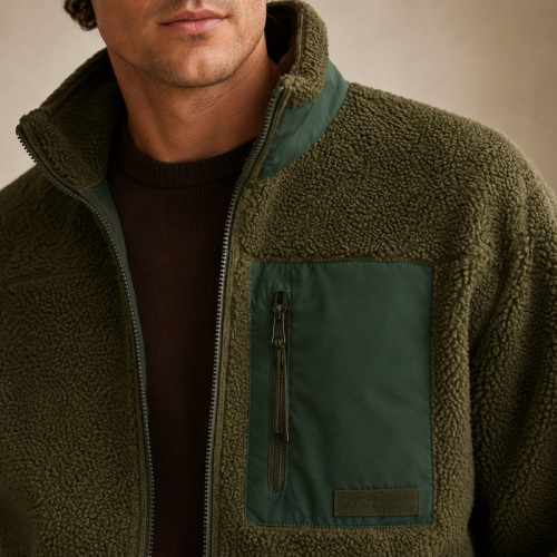 Custom Sherpa Jacket OEM Olive Green Nylon Pocket Zip-Up