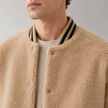 Custom Sherpa Jacket OEM Beige Varsity Snap Button Collar
