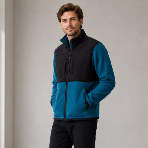 Custom Fleece Jacket OEM Blue Black Colorblock Zip-Up