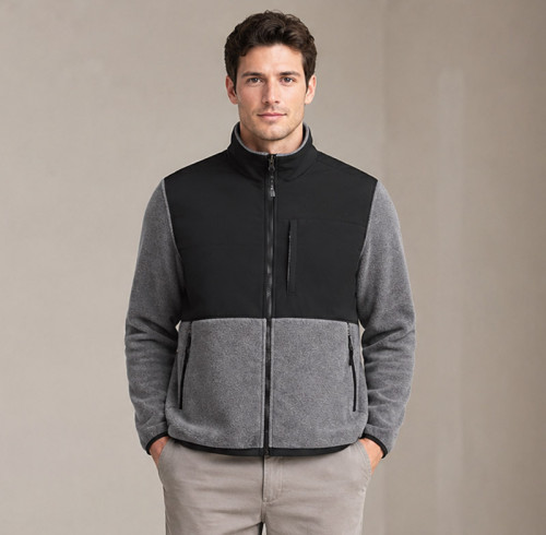 Custom Fleece Jacket OEM Grey Black Colorblock Zip-Up