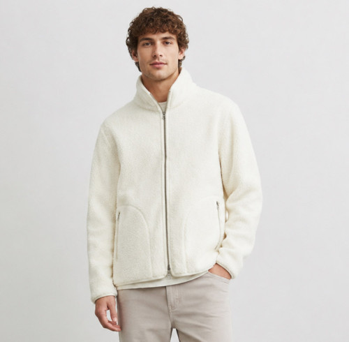 Custom Sherpa Jacket OEM Ivory White Zip-Up High Collar