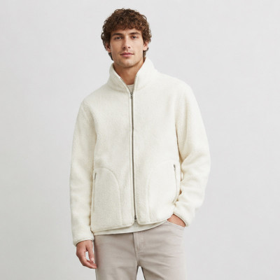 Custom Sherpa Jacket OEM Ivory White Zip-Up High Collar