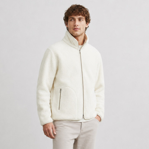 Custom Sherpa Jacket OEM Ivory White Zip-Up High Collar