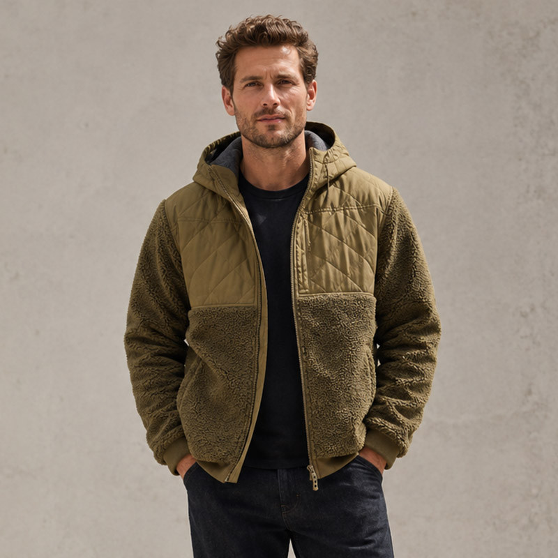 olive green hooded sherpa fleece jacket with quilted nylon panels model