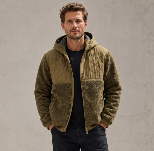 Custom Sherpa Jacket OEM Olive Hooded Quilted Nylon Panel