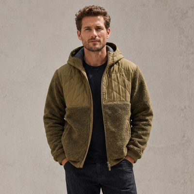 Custom Sherpa Jacket OEM Olive Hooded Quilted Nylon Panel
